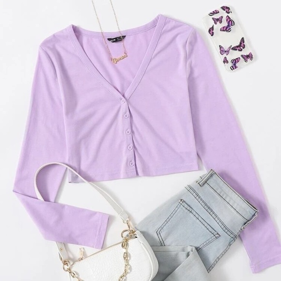 Shein Solid Purple Crop Top with Button Up Detail - Picture 2 of 11